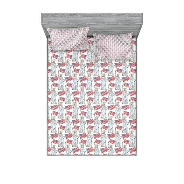 Ambesonne 4th of July Fitted Sheet & Pillow Sham Set, Free World, Calking, Pale Blue Red Blue