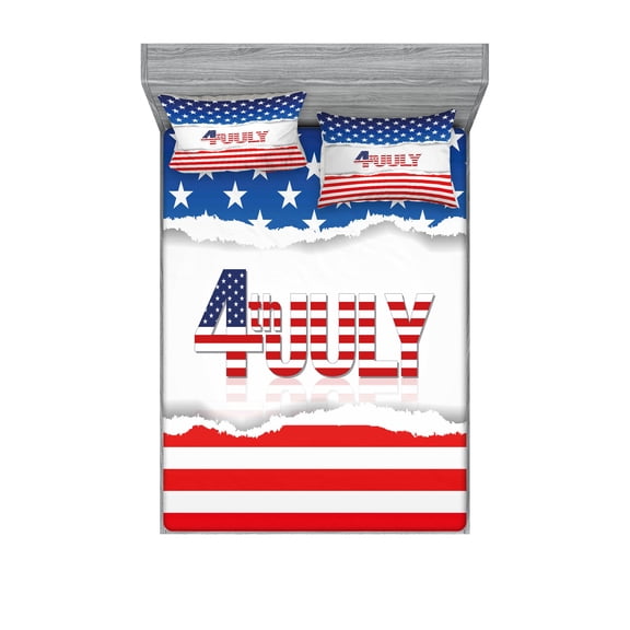 Ambesonne 4th of July Fitted Sheet & Pillow Sham Set, Patriotic Pattern, Calking, Multicolor