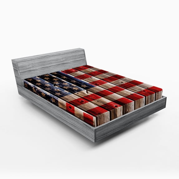 Ambesonne 4th of July Fitted Sheet, Rustic Flag Design, Full Size, Vermilion Navy Blue