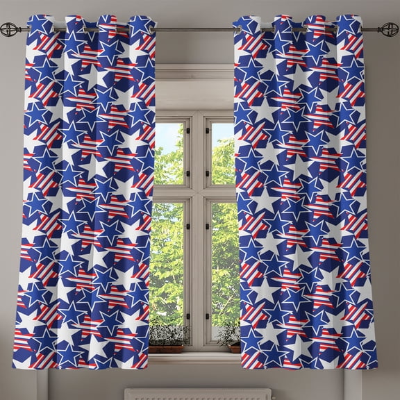 Ambesonne 4th of July Grommet Curtain, Patriotic American Star, 50" x 63", Royal Blue White and Red