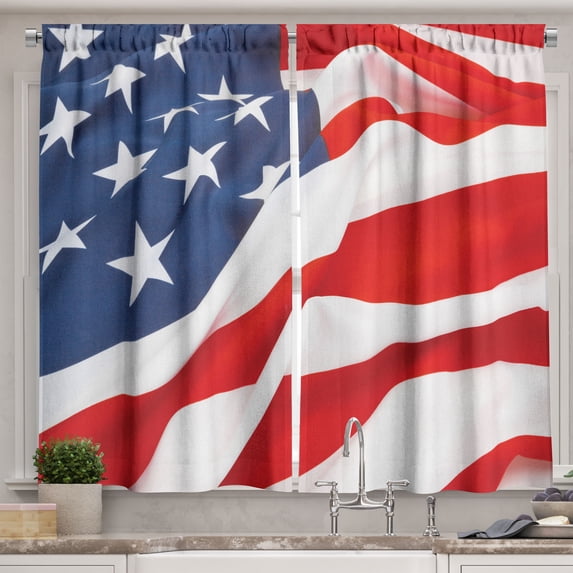 Ambesonne 4th of July Kitchen Curtains, Close Up National Flag, 55"x45", Off White Multicolor