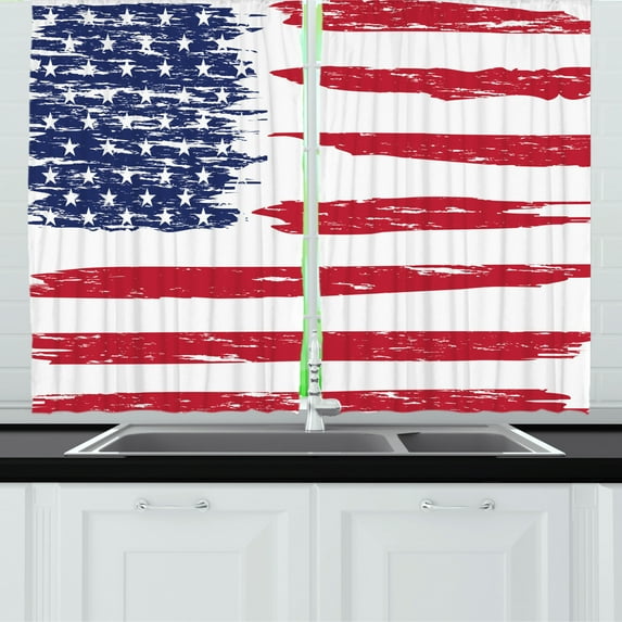 Ambesonne 4th of July Kitchen Curtains, Grunge USA Flag Image, 55"x45", Dark Pink and Lavender Blue