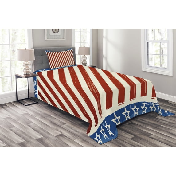 Ambesonne 4th of July Quilted Bedspread Set 2 Pcs, Old Glory Stripes, Twin Size, Beige Navy Blue Ruby