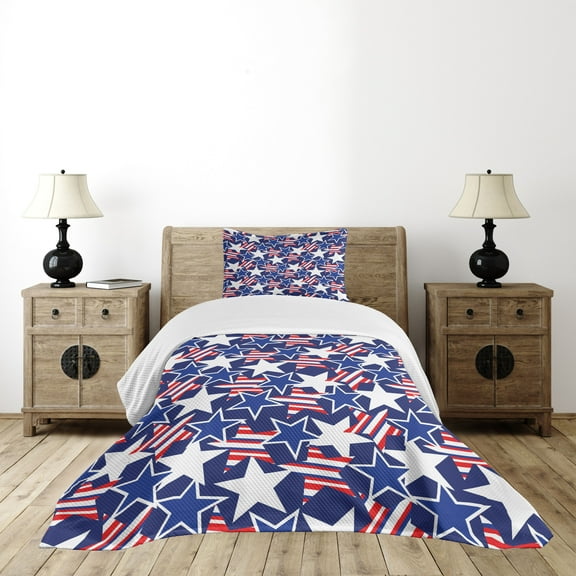 Ambesonne 4th of July Quilted Bedspread Set 2 Pcs, Patriotic American Star, Twin Size, Royal Blue White and Red
