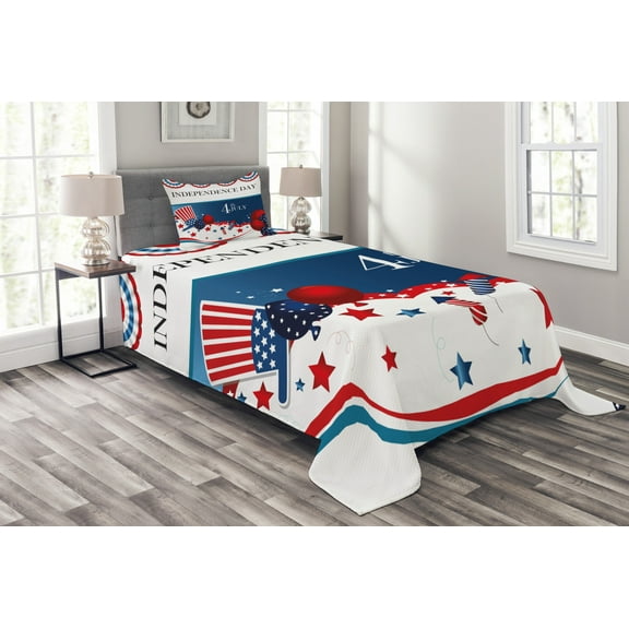 Ambesonne 4th of July Quilted Bedspread Set 2 Pcs, Uncle Sam Hat Art, Twin Size, Multicolor