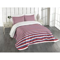Ambesonne 4th of July Quilted Bedspread Set 3 Pcs, American Flag Motif, King Size, Violet Blue Ruby White