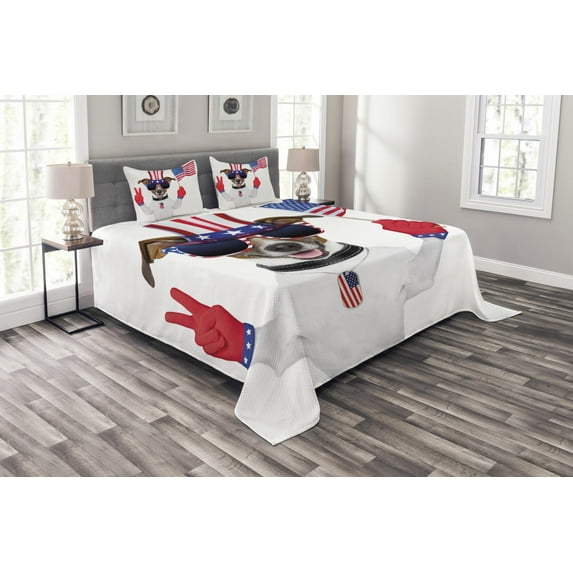 Ambesonne 4th of July Quilted Bedspread Set 3 Pcs, Funny House Pet, King Size, Multicolor
