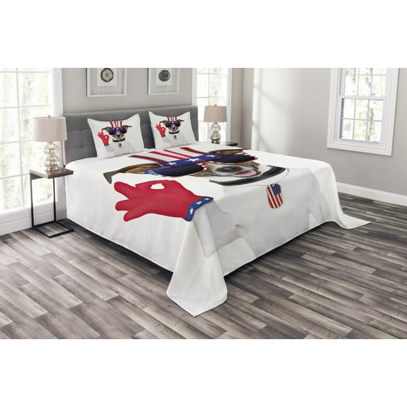 Ambesonne 4th of July Quilted Bedspread Set 3 Pcs, Jack Russell Dog, King Size, Multicolor
