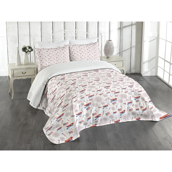 Ambesonne 4th of July Quilted Bedspread Set 3 Pcs, July Flags, Queen Size, Multicolor