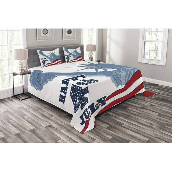Ambesonne 4th of July Quilted Bedspread Set 3 Pcs, Lady Liberty Design, Queen Size, Multicolor