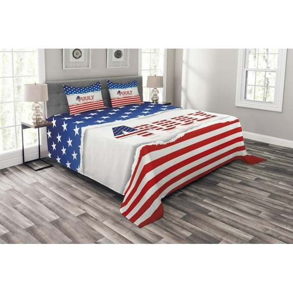 Ambesonne 4th of July Quilted Bedspread Set 3 Pcs, Patriotic Pattern, Queen Size, Multicolor