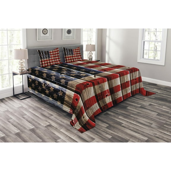 Ambesonne 4th of July Quilted Bedspread Set 3 Pcs, Rustic Flag Design, King Size, Vermilion Navy Blue