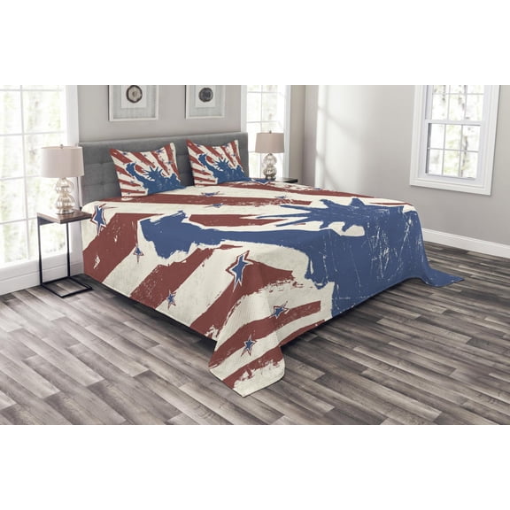Ambesonne 4th of July Quilted Bedspread Set 3 Pcs, Sketch Design, Queen Size, Beige Navy Blue Ruby