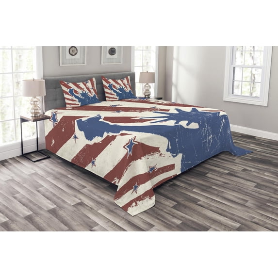 Ambesonne 4th of July Quilted Bedspread Set 3 Pcs, Sketch Design, Queen Size, Beige Navy Blue Ruby