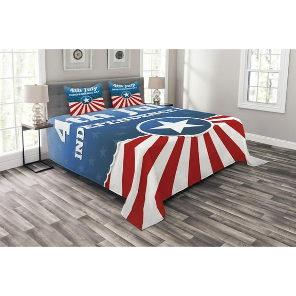 Ambesonne 4th of July Quilted Bedspread Set 3 Pcs, Stars Stripes Patriotic, Queen Size, Multicolor