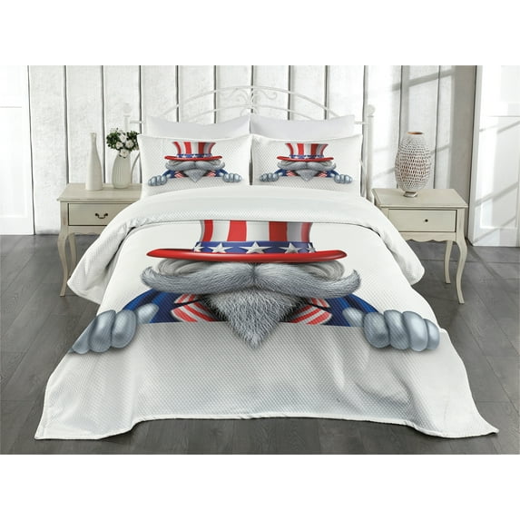 Ambesonne 4th of July Quilted Bedspread Set 3 Pcs, Uncle Sam Hat, Queen Size, Multicolor