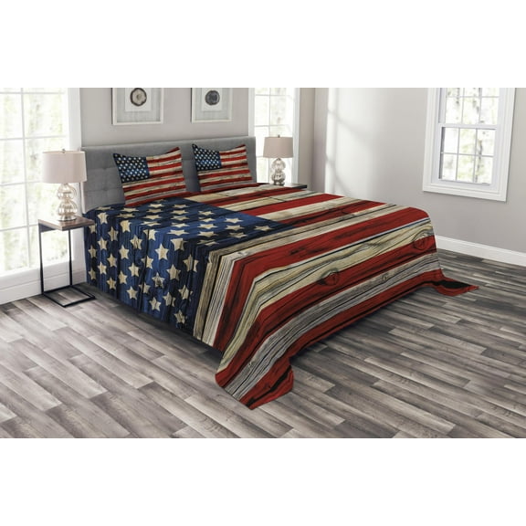 Ambesonne 4th of July Quilted Bedspread Set 3 Pcs, Wood Planks Flag, King Size, Red Beige Navy Blue