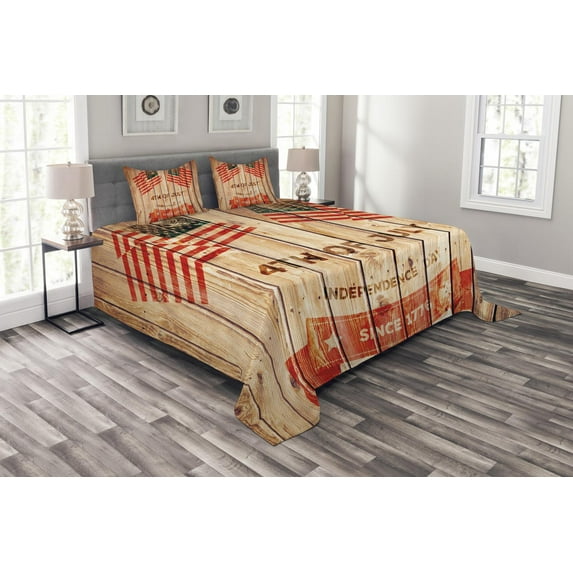 Ambesonne 4th of July Quilted Bedspread Set 3 Pcs, Wooden Planks Flag, King Size, Multicolor