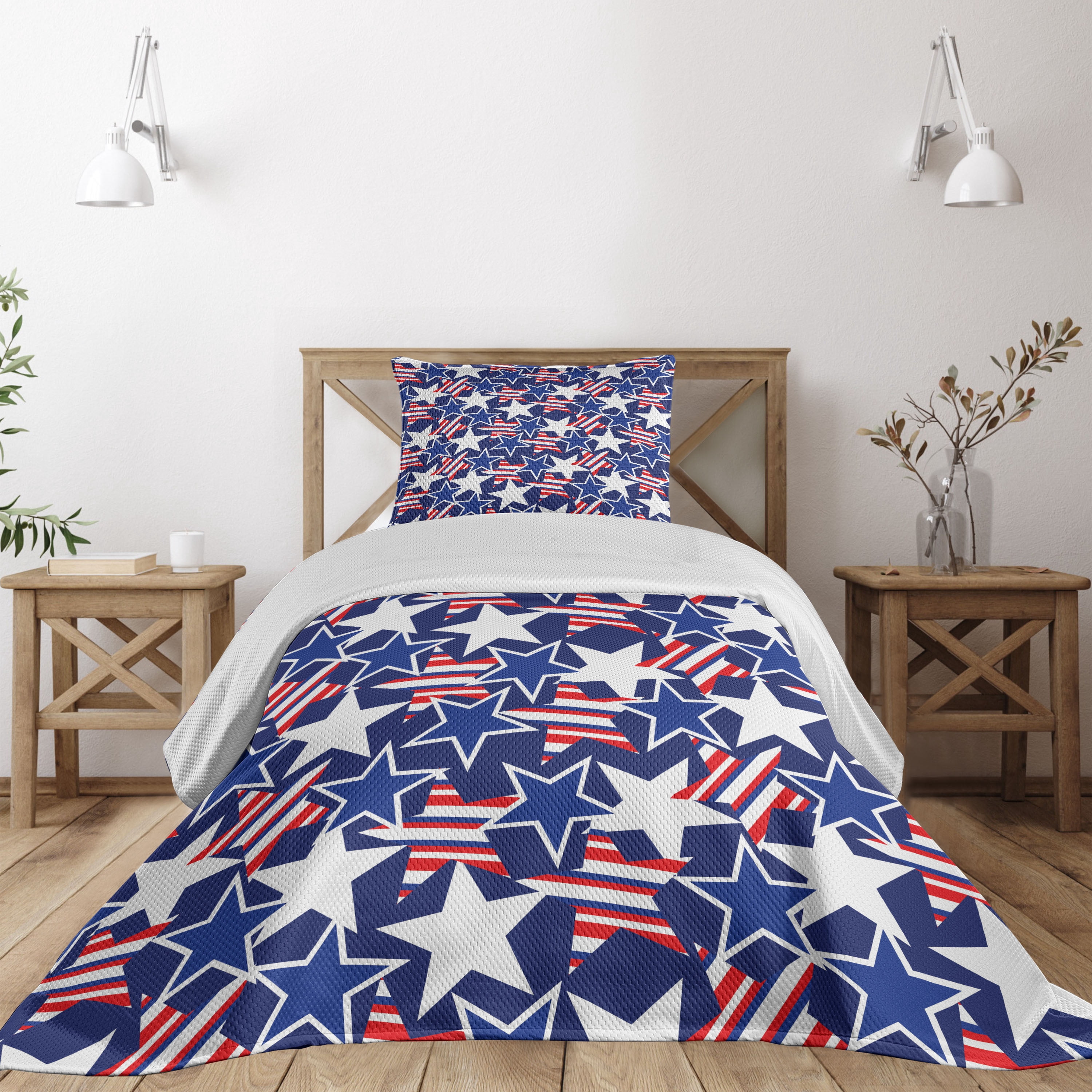 Ambesonne 4th of July Quilted Coverlet 2 Pcs, Patriotic American Star, Twin Size, Royal Blue ...
