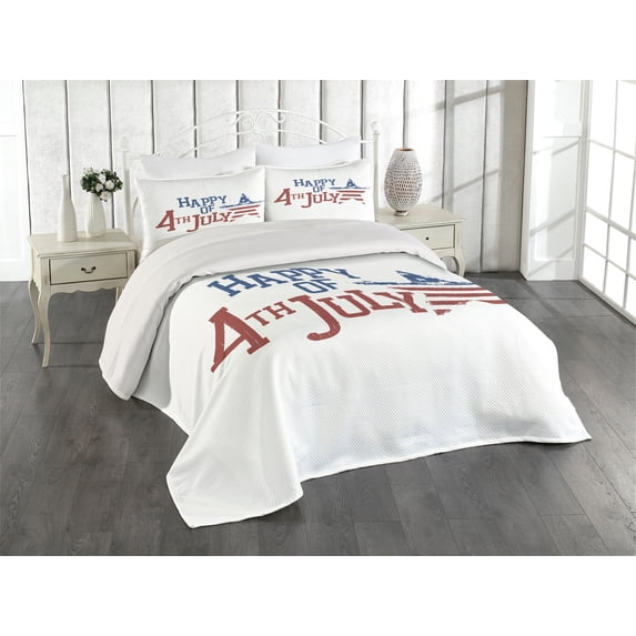 Ambesonne 4th of July Quilted Coverlet 3 Pcs, Grunge Pattern USA, Queen Size, Ruby Violet Blue White