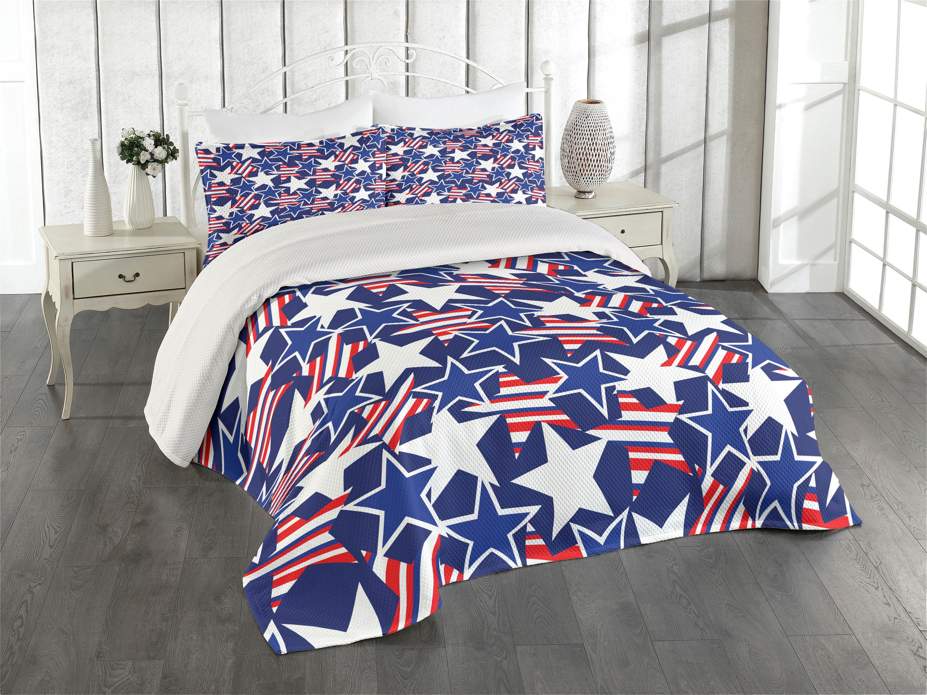 Ambesonne 4th of July Quilted Coverlet 3 Pcs, Patriotic American Star, King Size, Royal Blue ...