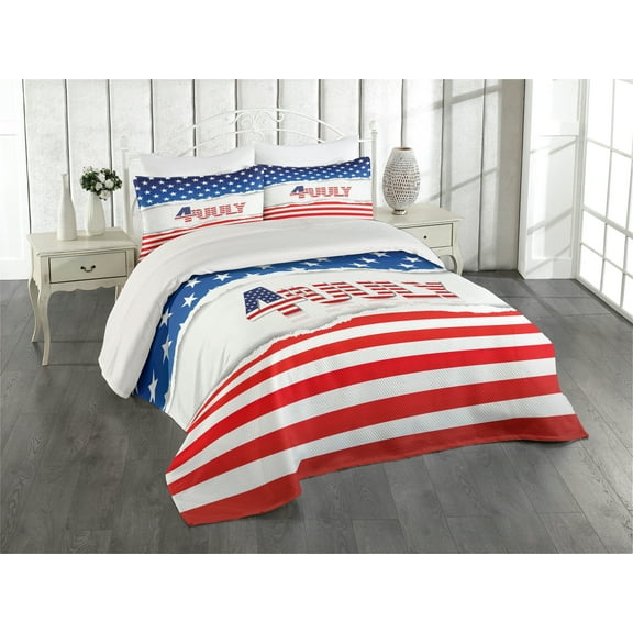 Ambesonne 4th of July Quilted Coverlet 3 Pcs, Patriotic Pattern, King Size, Multicolor