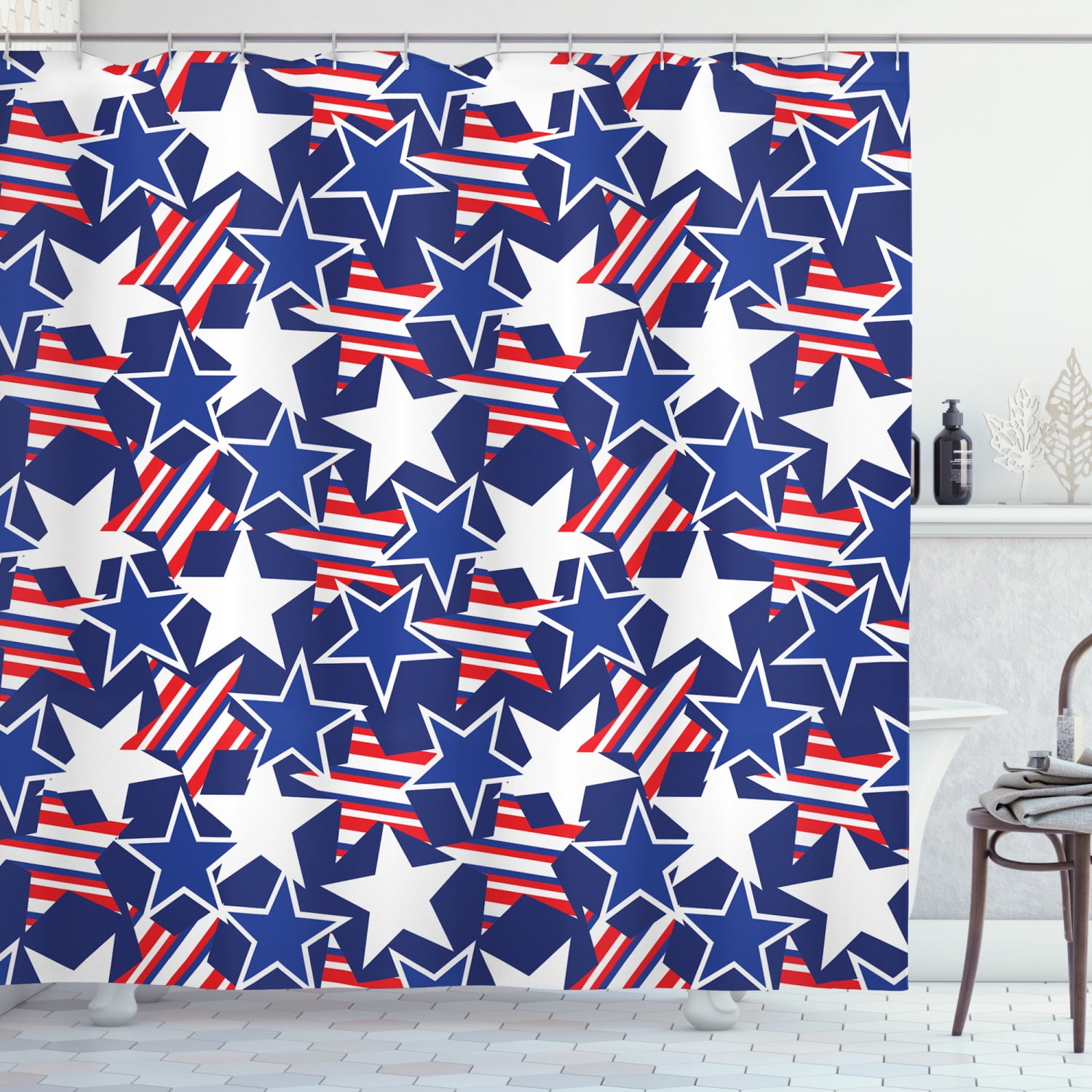 Ambesonne 4th of July Shower Curtain, Patriotic American Star, 69"Wx70"L, Royal Blue White and Red