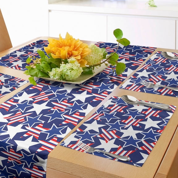 Ambesonne 4th of July Table Runner & Placemats, Patriotic American Star, Placemat 4 pcs + Runner 16"x72", Royal Blue White and Red
