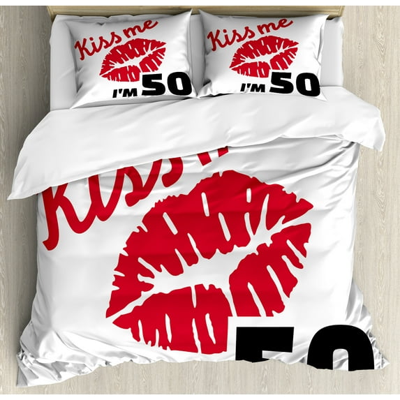 Ambesonne 50th Birthday Duvet Cover Sets, Age 50 Kiss Me, 2-King, Red Black White