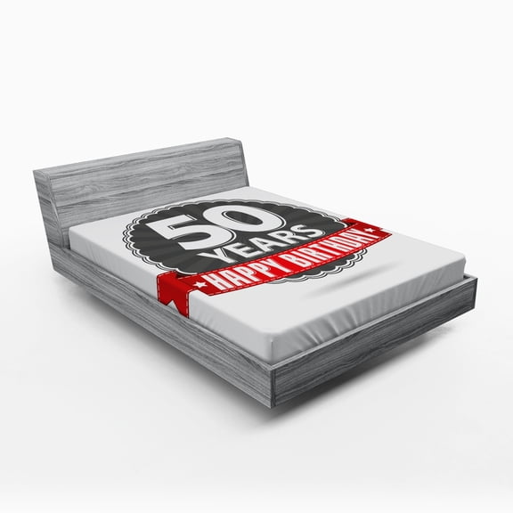 Ambesonne 50th Birthday Fitted Sheet, 50th Birthday Retro, Queen Size, Grey Red White