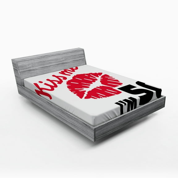 Ambesonne 50th Birthday Fitted Sheet, Age 50 Kiss Me, Queen Size, Red Black White