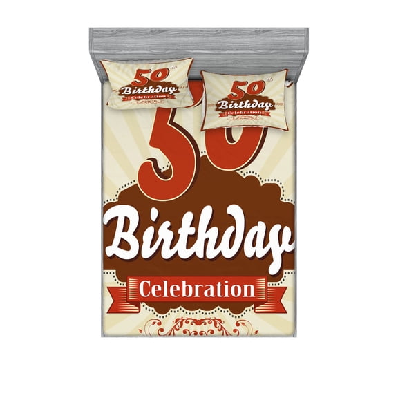 Ambesonne 50th Birthday Fitted Sheet & Pillow Sham Set, Retro Stripe Dot, King, Scarlet Brown Eggshell