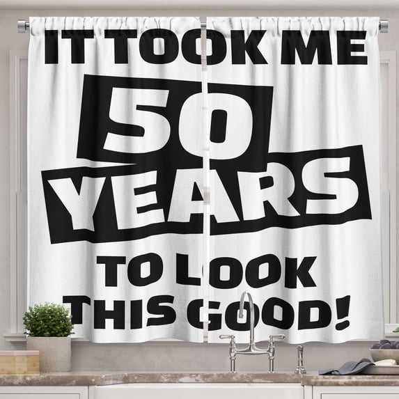 Ambesonne 50th Birthday Kitchen Curtains, Funny Happy Face, 55"x39", Black White