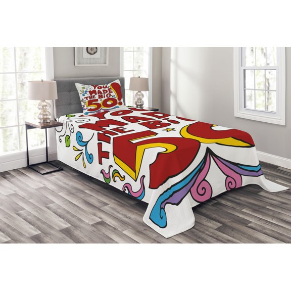 Ambesonne 50th Birthday Quilted Bedspread Set 2 Pcs, Colorful and Floral, Twin Size, Multicolor