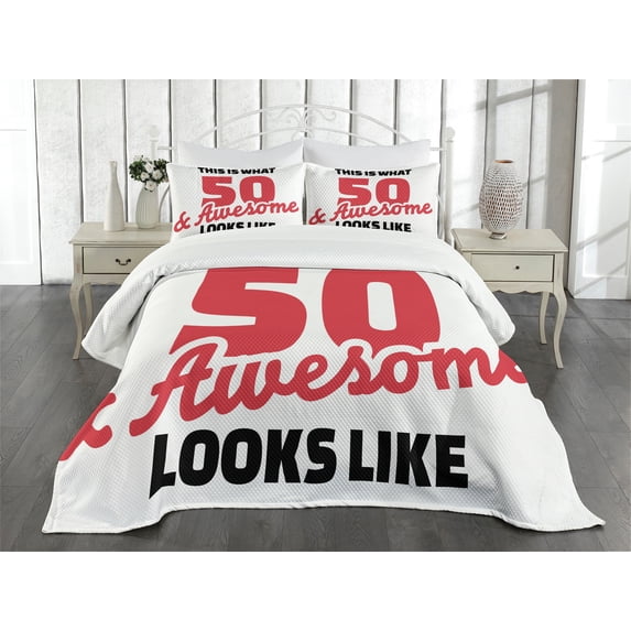 Ambesonne 50th Birthday Quilted Bedspread Set 3 Pcs, 50 Years Warm Colors, King Size, Red Black White