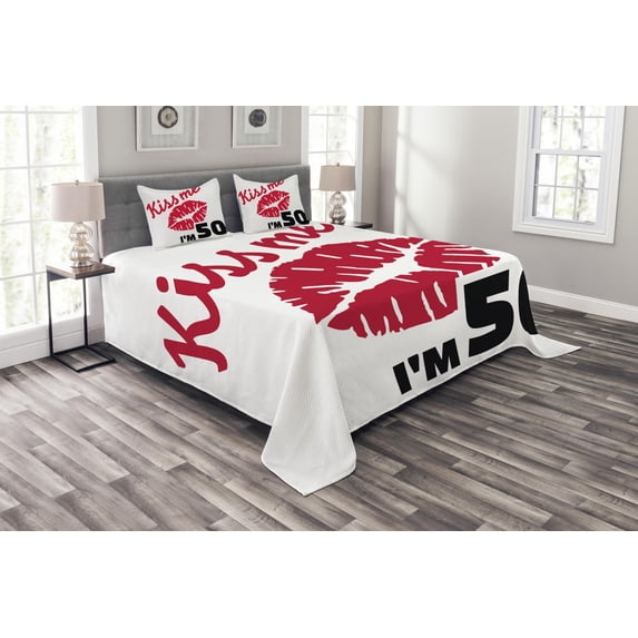 Ambesonne 50th Birthday Quilted Bedspread Set 3 Pcs, Age 50 Kiss Me, King Size, Red Black White