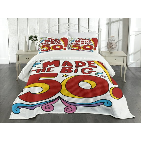 Ambesonne 50th Birthday Quilted Bedspread Set 3 Pcs, Colorful and Floral, Queen Size, Multicolor