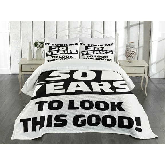 Ambesonne 50th Birthday Quilted Bedspread Set 3 Pcs, Funny Happy Face, King Size, Black White