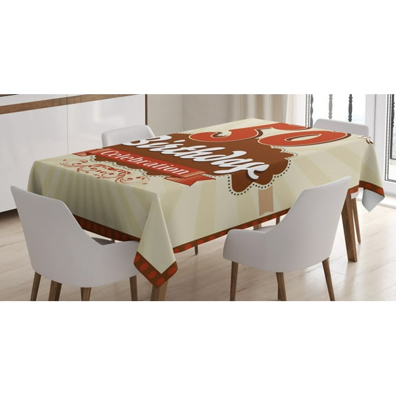 Ambesonne 50th Birthday Tablecloth Rectangular Table Cover, Retro Stripe Dot, 52"x70", Scarlet Brown Eggshell