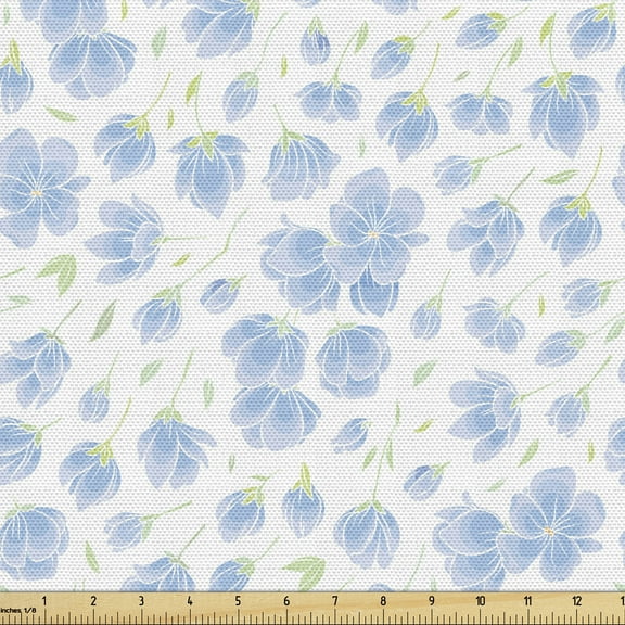 Ambesonne Flower Fabric by the Yard Upholstery, Sakura Japanese Blossoms, 2 Yards, Pale Azure Blue White