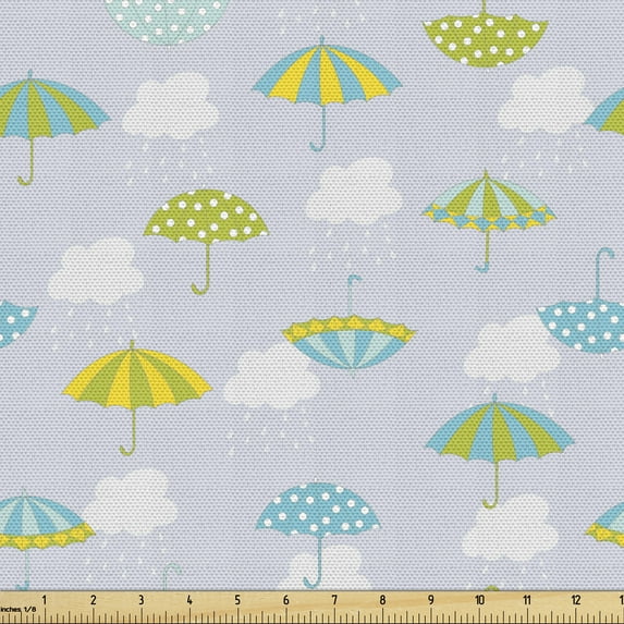 Ambesonne 58" 100% Polyester Clouds and Umbrellas Craft Fabric By the Yard, Pale Ceil Blue and Multi-color