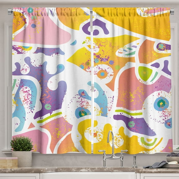 Ambesonne 60's Kitchen Curtains, Whimsical Shapes Splashes Art, 55"x39", Earth Yellow Pale Purple