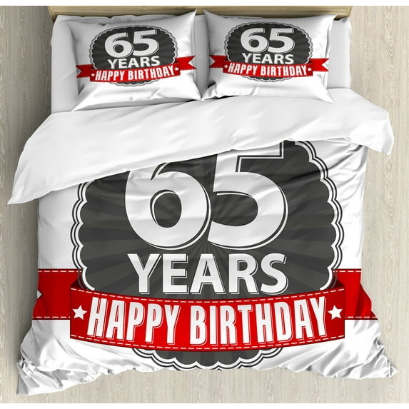 Ambesonne 65th Birthday Duvet Cover Sets, Classical Age, 2-King, Red Grey White
