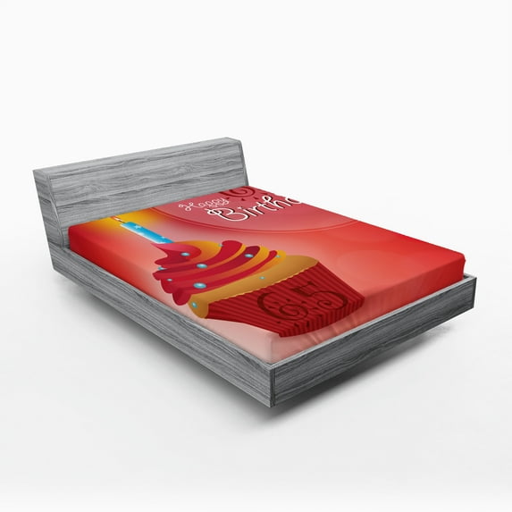 Ambesonne 65th Birthday Fitted Sheet, Birthday Cupcake Art, Full Size, Orange Blue Red