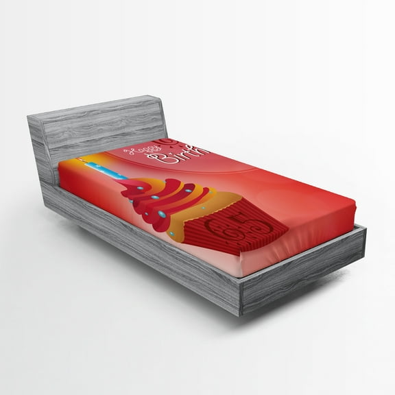 Ambesonne 65th Birthday Fitted Sheet, Birthday Cupcake Art, Twin XL Size, Orange Blue Red