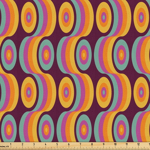 Ambesonne 70's Fabric by the Yard Upholstery, Colorful Circular Shapes Plot, 1 Yard, Earth Yellow Dark Fuchsia