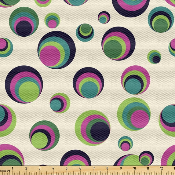 Ambesonne 70's Fabric by the Yard Upholstery, Geometric Colorful Circles Art, 3 Yards, Dark Magenta and Lime Green