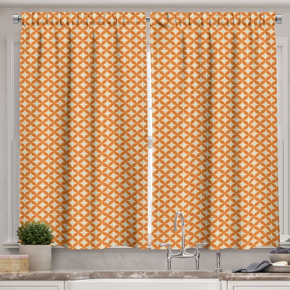 Ambesonne 70's Kitchen Curtains, Monochrome Geometric Ornament, 55"x36", Dark Orange and Grey Yellow