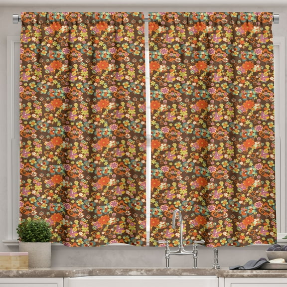 Ambesonne 70's Kitchen Curtains, Retro Scattered Flowers Plot, 55"x30", Marigold and Dark Rosewood