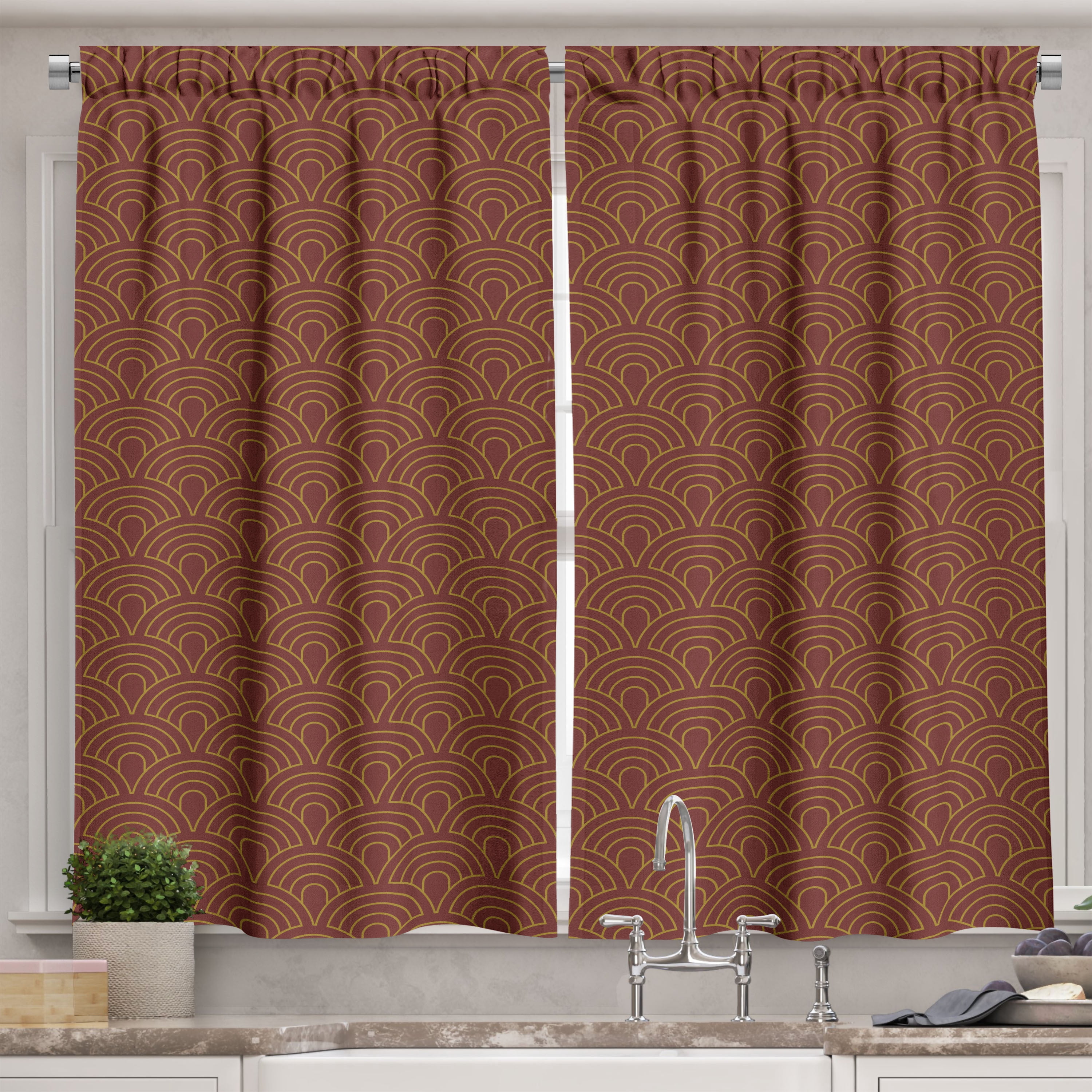 Ambesonne 70's Kitchen Curtains, Silhouettes of Circular Lines, 55"x36 ...